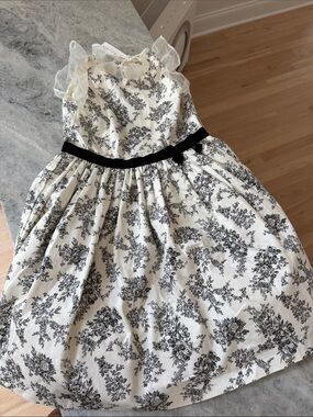 Janie and Jack Cream Dress with Black Floral Toile and Black Velvet Waist